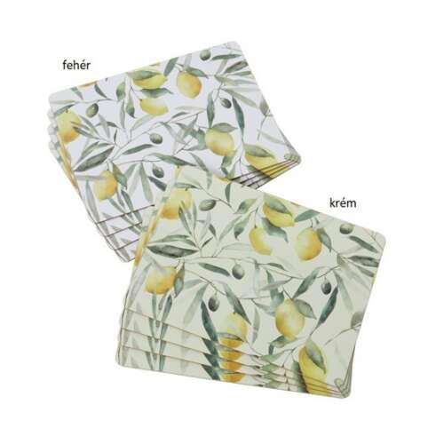 4 db-os parafa tányéralátét szett citromos-olivás mintával, 40x30cm, fehér és krém színben