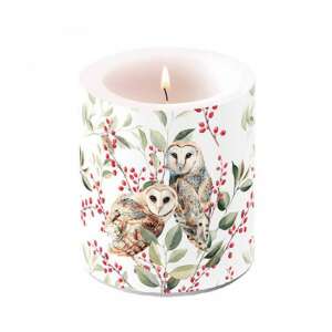 Barn owl couple gyertya, 10x10cm, fehér háttérrel és virágos mintával - Ambiente