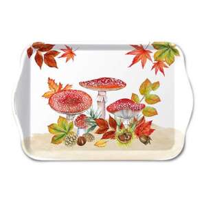 Műanyag tálca, 13x21cm, fehér alapon őszi levelekkel és gombákkal - Tálca