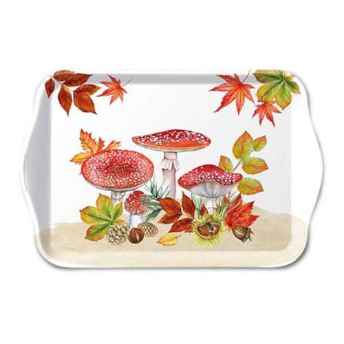 Műanyag tálca, 13x21cm, fehér alapon őszi levelekkel és gombákkal