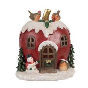 CLEEF.6PR4175 Piros alma házikó madarakkal, hóemberrel, LED-es, 12x11x13cm, műanyag dekorfigura 134637702 - Szezonális dekoráció