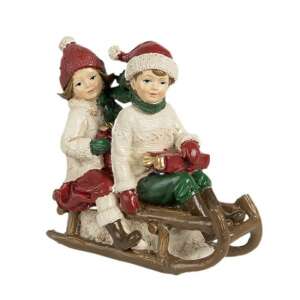 CLEEF.6PR4182 Piros sapkás gyerekek szánon, 12x6x11cm, műanyag dekorfigura 106792214 - Szezonális dekoráció