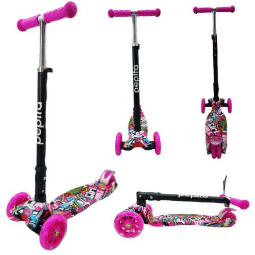 Pepita pink foldable 3-wheel scooter with LED wheels, multiple views