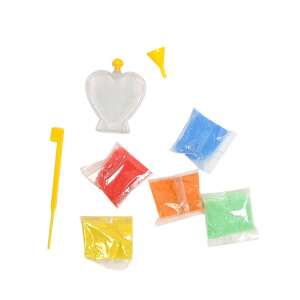 Sötétben világító homok üvegdísz készítő szett szív alakú üveggel, tölcsérrel, eszközzel és 5 színes homok tasakkal - Manyuk Toys