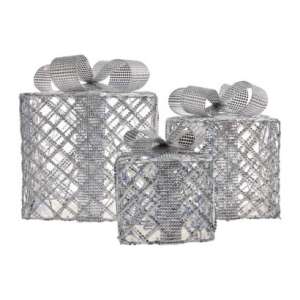 Set de 3 cutii cadou LED argintii cu cronometru, perfect pentru decorarea de Crăciun - Crăciun