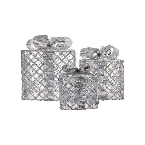 Set de 3 cutii cadou LED argintii cu cronometru, perfect pentru decorarea de Crăciun