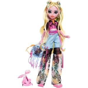 Lalka Monster High Lagoona Blue z różowym rybą-zwierzakiem, ubrana w niebiesko-różowy strój z plecakiem w kształcie meduzy - Mattel