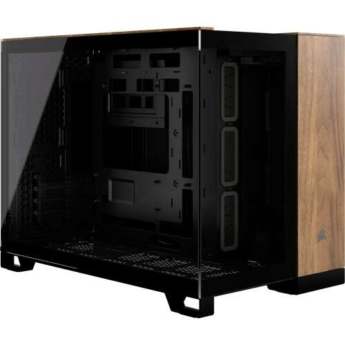 Corsair 2500X Mini Tower Extended ATX számítógépház, fekete fém és diófa, ferde nézet