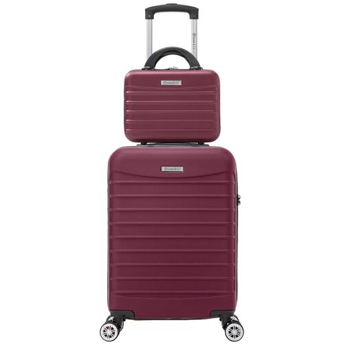 Kabinbőrönd szett repülőre, kézipoggyász 55x36x20 cm és kozmetikai táska 28x22x14 cm, LINE modell Quasar & Co.®, ABS 2.8 mm, lopásgátló cipzár, számzár, teleszkópos fogantyú, 4 dupla csendes kerék 360°, repülős bőrönd, Bordó 142063998