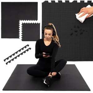 Súprava čiernych puzzle podložiek na cvičenie Springos so ženou používajúcou telefón - Proda