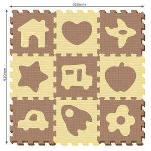 Schaumstoff-Puzzlematte für Kinder mit Haus-, Auto-, Herz-, Stern-, Bus-, Apfel-, Raketen- und Blumenformen in Braun und Gelb - Schaumpuzzle