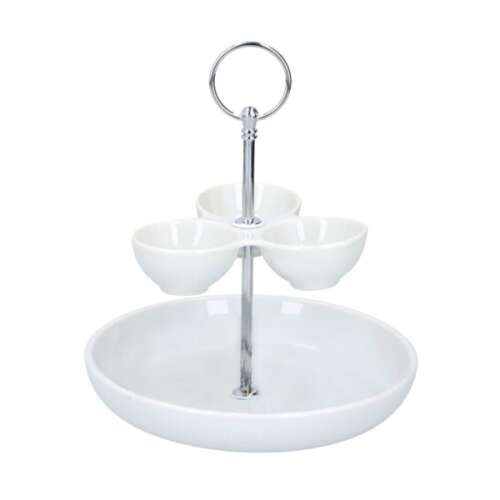 Alpina Serving Bowl with 3 Dip Bowls and Stand, White Ceramic