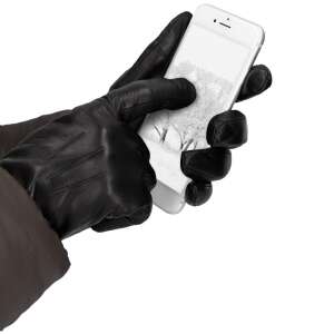 Navaris touchscreen leather gloves for men in black, size L, showing how to use a smartphone with the gloves - For man