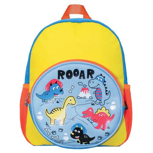 Rooar óvodai iskolatáska, sárga, kék dinoszaurusz mintával, 31x24x9 cm