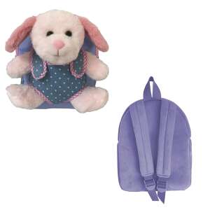Daemi plush puppy backpack for kindergarten, blue with white dots, pink ears and nose, perfect for toddlers, front and back view - Preschool Backpack, Bag