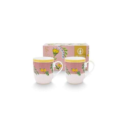 Pip Studio La Majorelle collection 2 piece porcelain mug set, pink and yellow floral design