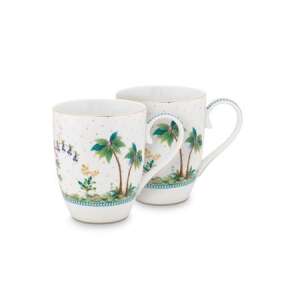 Pip Studio Jolie White collection 2 piece porcelain mug set, 350ml, tropical design - Nonbrand Mug