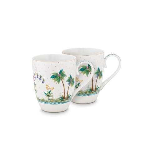 Pip Studio Jolie White collection 2 piece porcelain mug set, 350ml, tropical design