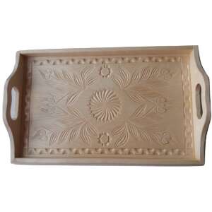 Hand-carved wooden tray with floral design and handles - Tray