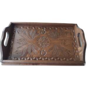 Hand-carved wooden tray with floral design, rustic serving tray, decorative tray for home decor - Tray