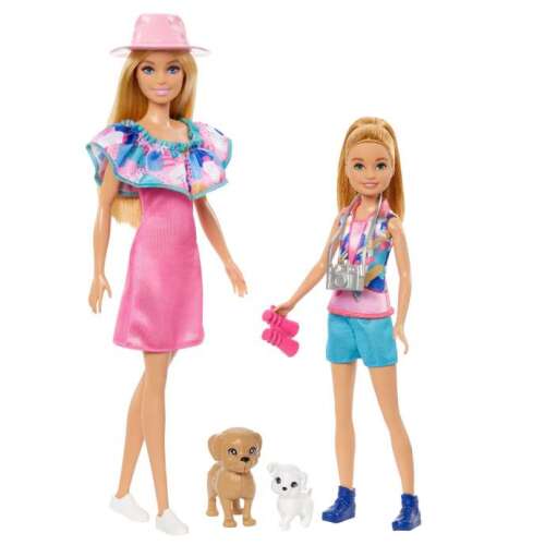 Sada bábik Barbie a Stacie na záchranu, s Barbie a jej mladšou sestrou Stacie v letných outfitoch, dvoma šteniatkami, fotoaparátom, ďalekohľadom a klobúkom