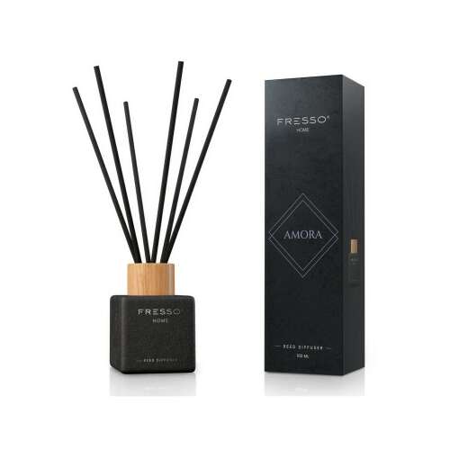Fresso Home Amora Reed Diffuser, 100ml, black bottle with wooden lid and black reeds, home fragrance