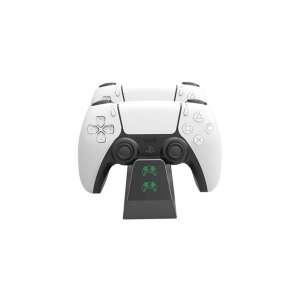Stație de încărcare Ventaris D200B PS5 Dual Controller, care încarcă două controlere PS5 albe pe un suport negru cu lumini LED verzi - Stații de încărcare controller