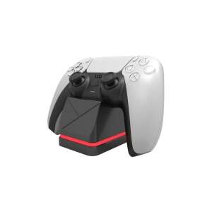 Stație de încărcare Ventaris D100B PS5 Single Controller, neagră, cu un controler PS5 DualSense alb în timpul încărcării - Stații de încărcare controller