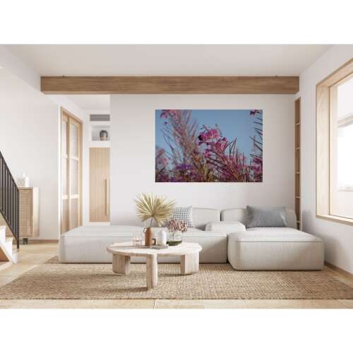 Rózsaszín vad nyári virágok és méh vászonkép, 80x50cm, falon lóg a nappaliban 