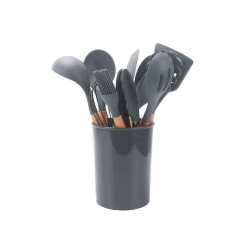 Iris KT-003-DG 11db-os sötét szürke konyhai eszköz készlet, Set de 9 ustensile de bucătărie cu mânere din lemn, gri închis, într-un recipient