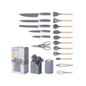 Set de ustensile de bucătărie Iris KT-017-GY gri, 19 piese, inclusiv cuțite, spatule, foarfece și multe altele, cu suport pentru depozitare - Seturi de ustensile de bucătărie