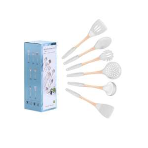 Set de 7 ustensile de bucătărie Iris KT-006-W cu mânere din lemn și capete din silicon, alb - Seturi de ustensile de bucătărie