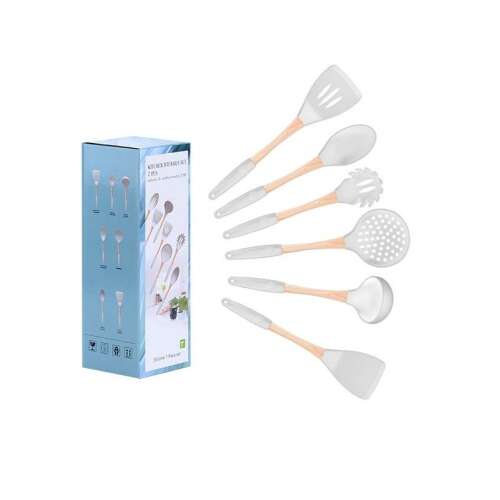 Set de 7 ustensile de bucătărie Iris KT-006-W cu mânere din lemn și capete din silicon, alb