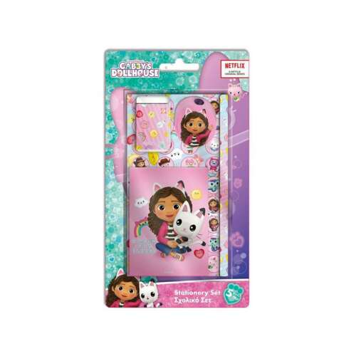 Gabby's Dollhouse 5-teiliges Schreibwarenset mit Gabby und ihrer Katze Pandy, enthält Bleistift, Radiergummi, Spitzer, Aufkleber und einen Notizblock