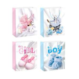 Set mit 4 Babyparty-Geschenkbeuteln, 2 rosa und 2 blau, mit Kinderwagen, Schuhen und 'es ist ein Mädchen' und 'es ist ein Junge' Designs - Geschenkverpackungen