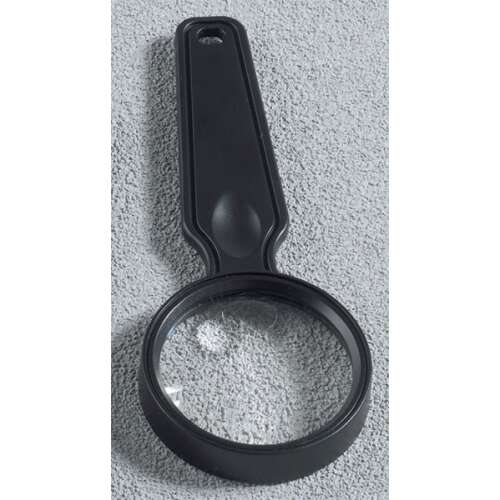 Black handheld magnifying glass with a 2x magnification, 80mm diameter