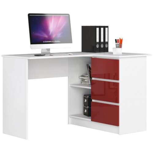 White and red corner computer desk with drawers and shelves, Sarok számítógépes íróasztal