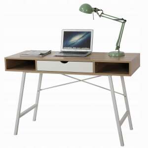 Jumi computer desk with drawer and shelves, white and natural wood finish - Computer Desk