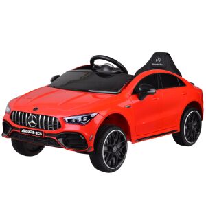 Szögletes nézet egy piros Mercedes AMG CLA 45s elektromos gyerekautóról - Ramiz