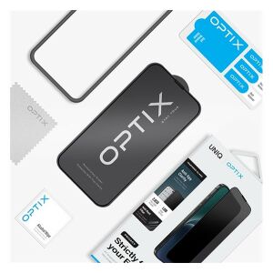 UNIQ OPTIX iPhone 15 Pro Max adatvédő képernyővédő tartozékokkal és csomagolással - UNIQ