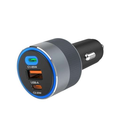 Forcell F-ENERGY Alu Autoladegerät mit 1xUSB-A und 2xUSB-C Anschlüssen, 85W PD QC - grau