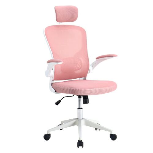 Angled view of Timeless Tools pink ergonomic office chair