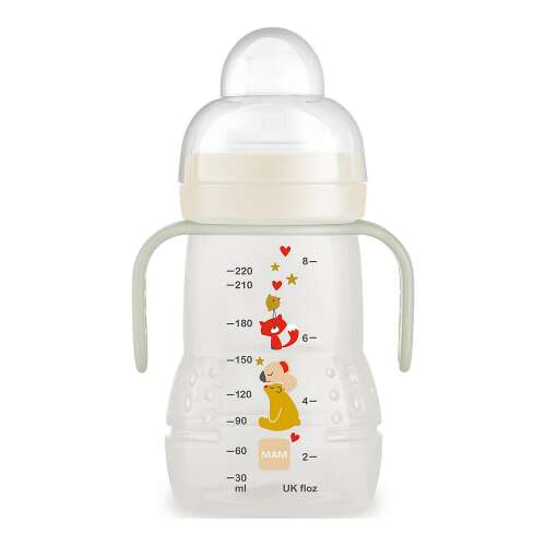 MAM Trainer Night 220ml 4hó unisex ivópohár, sötétben világító fogókákkal, átlátszó, skálával és aranyos állatmintával - Itatópohár