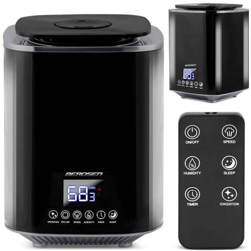 Berdsen BD-502 black humidifier with remote control, showing front, back, and remote control views