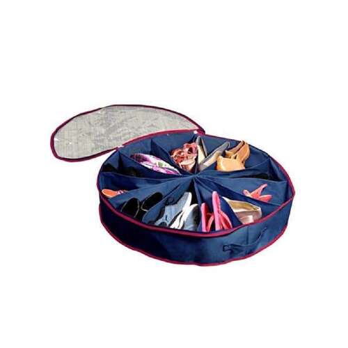 Kék és piros cipőrendező 12 rekesszel, tele cipőkkel