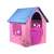 Rózsaszín műanyag játszóház kék tetővel, ablakokkal és ajtóval, virágmintával és állatfigurákkal, gyerekeknek