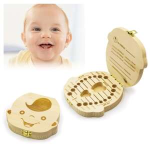 Fa tejfog tartó doboz kisfiúknak, babafej mintával, a tejfogak tárolására, hely a baba adatainak felírására - Baba fogápolás