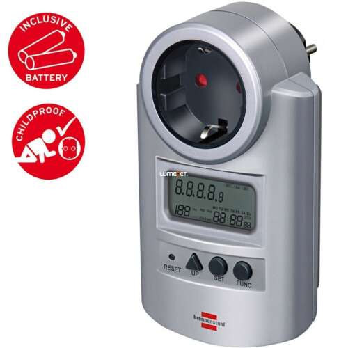 Brennenstuhl Primera-Line digital energy meter PM 231 E, with childproof socket, measures energy consumption, voltage, current, power factor, power, and cost