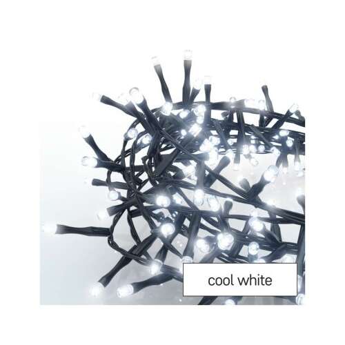 Close-up of cool white LED Christmas lights with black wire