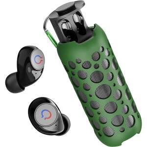 Green portable Bluetooth speaker with built-in wireless earbuds - Audio